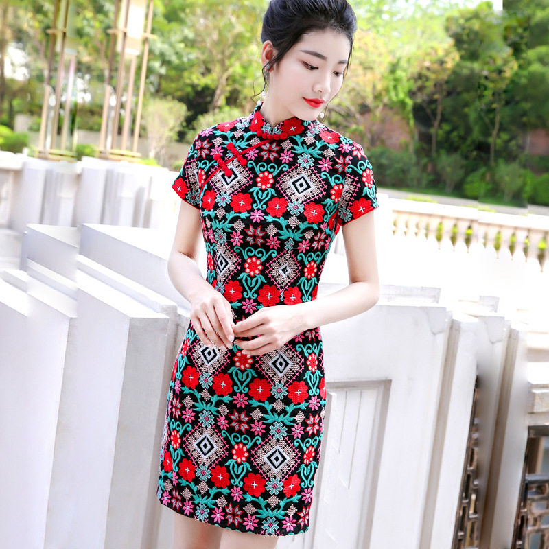 2019新款女夏复古国风女装旗袍十字绣气质短袖改良重工绣花连衣裙|ms