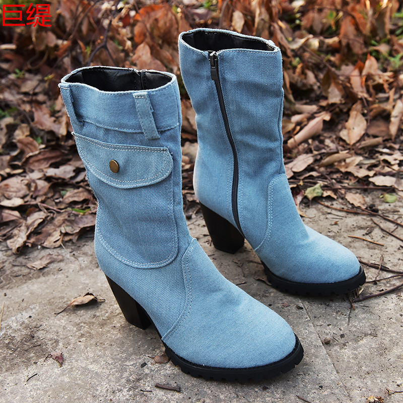 In-Stock Dropshipping Jutie Amazon Independent Site Wish European and American Foreign Trade Plus-Size High-Heeled Denim Mid-Calf Women's Boots