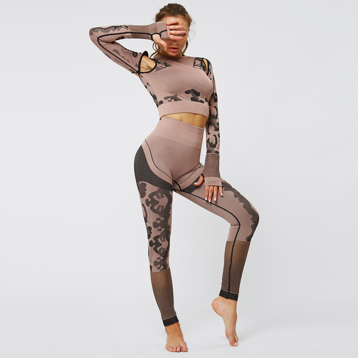 camouflage hollow seamless long-sleeved hip-lifting tights yoga suit  NSNS10727