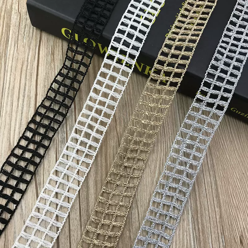 厂家直销 格子编织花边节日婚庆DIY装饰材料服装辅料格子涤纶花边