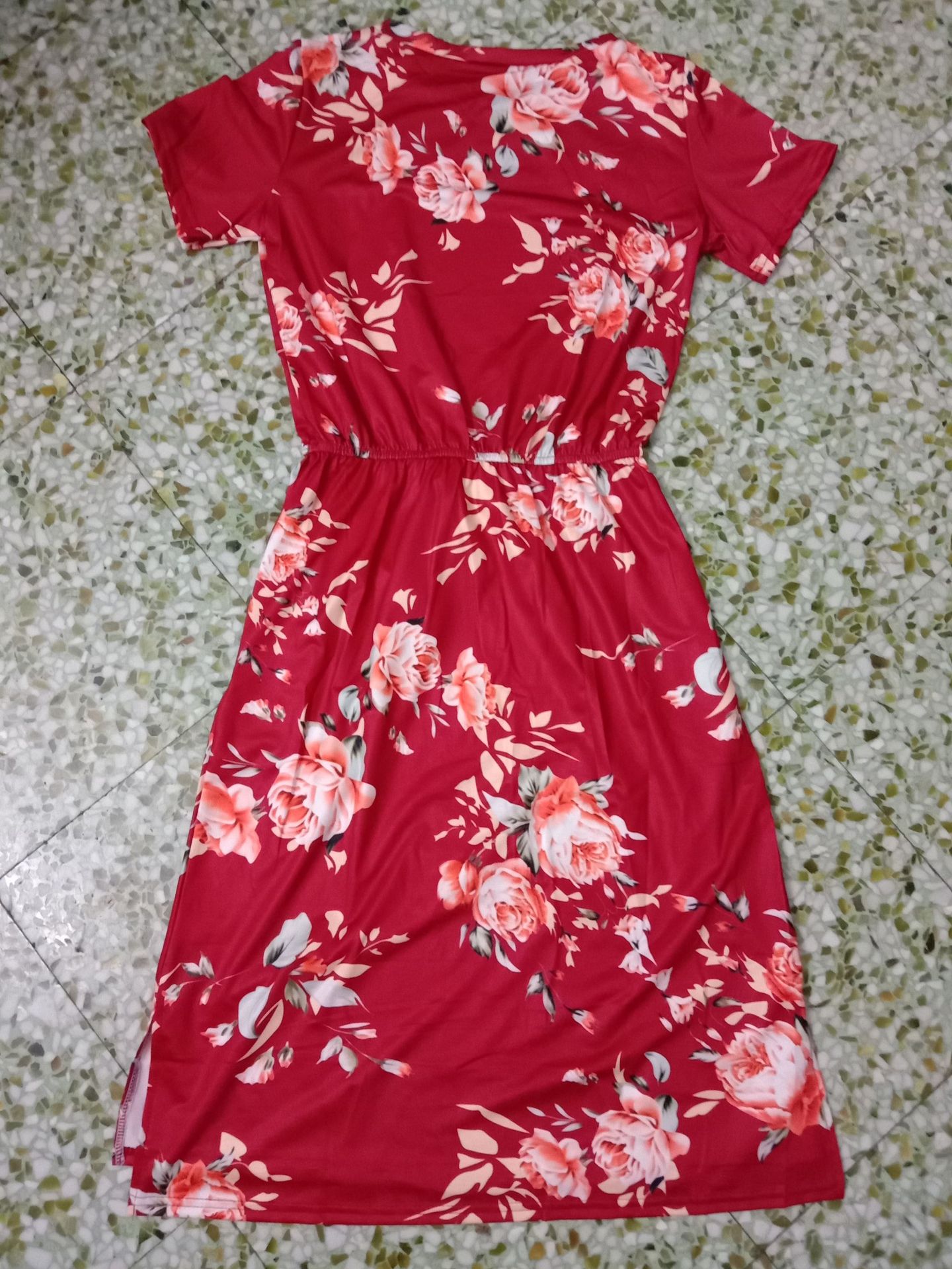 ladies fashion new printed bouquet waist short sleeve round neck dress NSYF1139