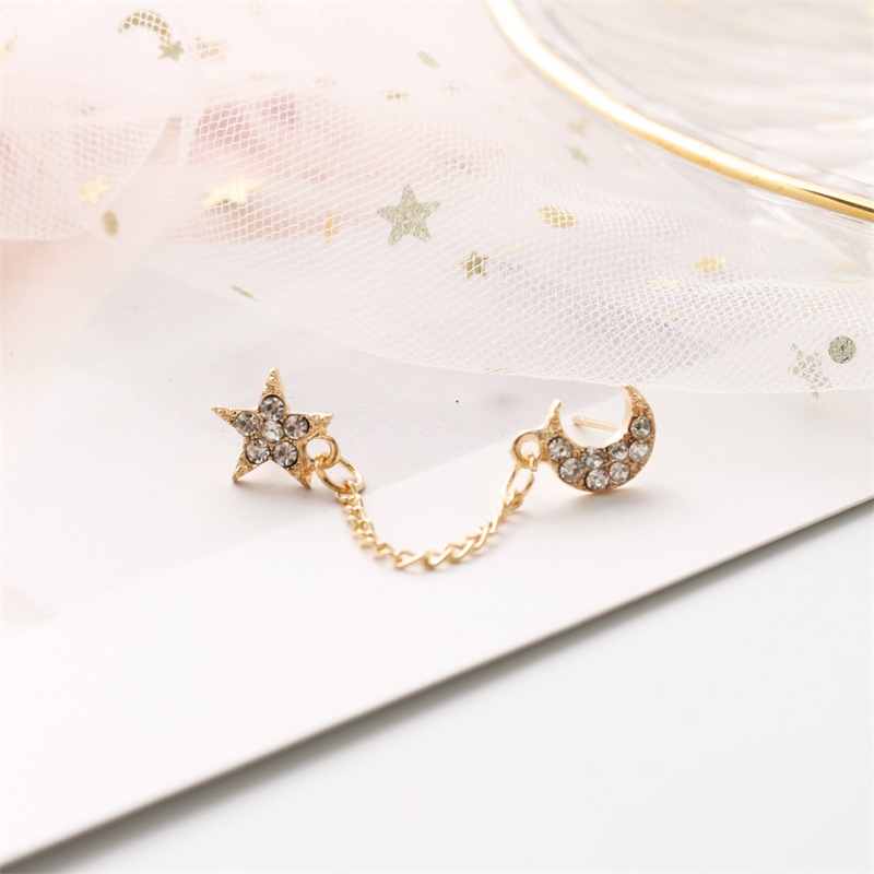 Star Moon Full Diamond Chain Earrings Single Ear Double Hole Stud Earrings display picture 5