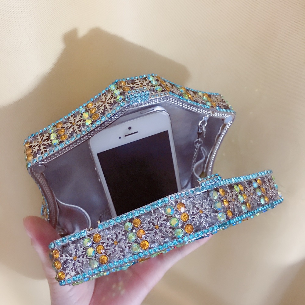 Túi clutch nữ đính pha lê kim cương bông tuyết, thiết kế hợp kim rỗng, làm bằng tay — Màu tím, Màu xanh lam, Ảnh tùy chỉnh được Cá nhân hóa, Màu đỏ hoa hồng chi tiết 36