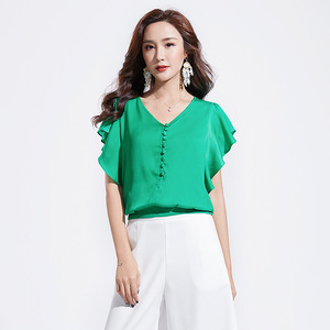 Summer New Boutique V-neck Lotus Leaf Edge Sweet Short-sleeved Top 