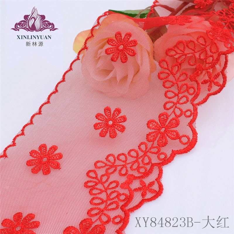 现货批发12cm宽网纱底刺绣花边 红色无弹蕾丝花边服装服饰DIY辅料