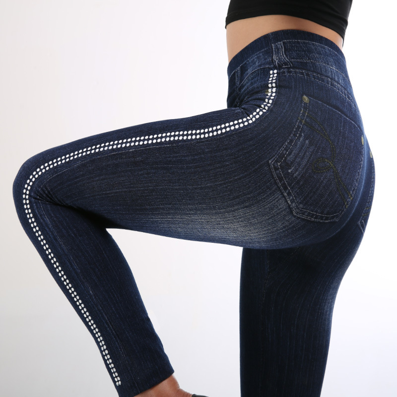 Dam leggings denim look hög midja bomull med prickar byxor_voghion.com