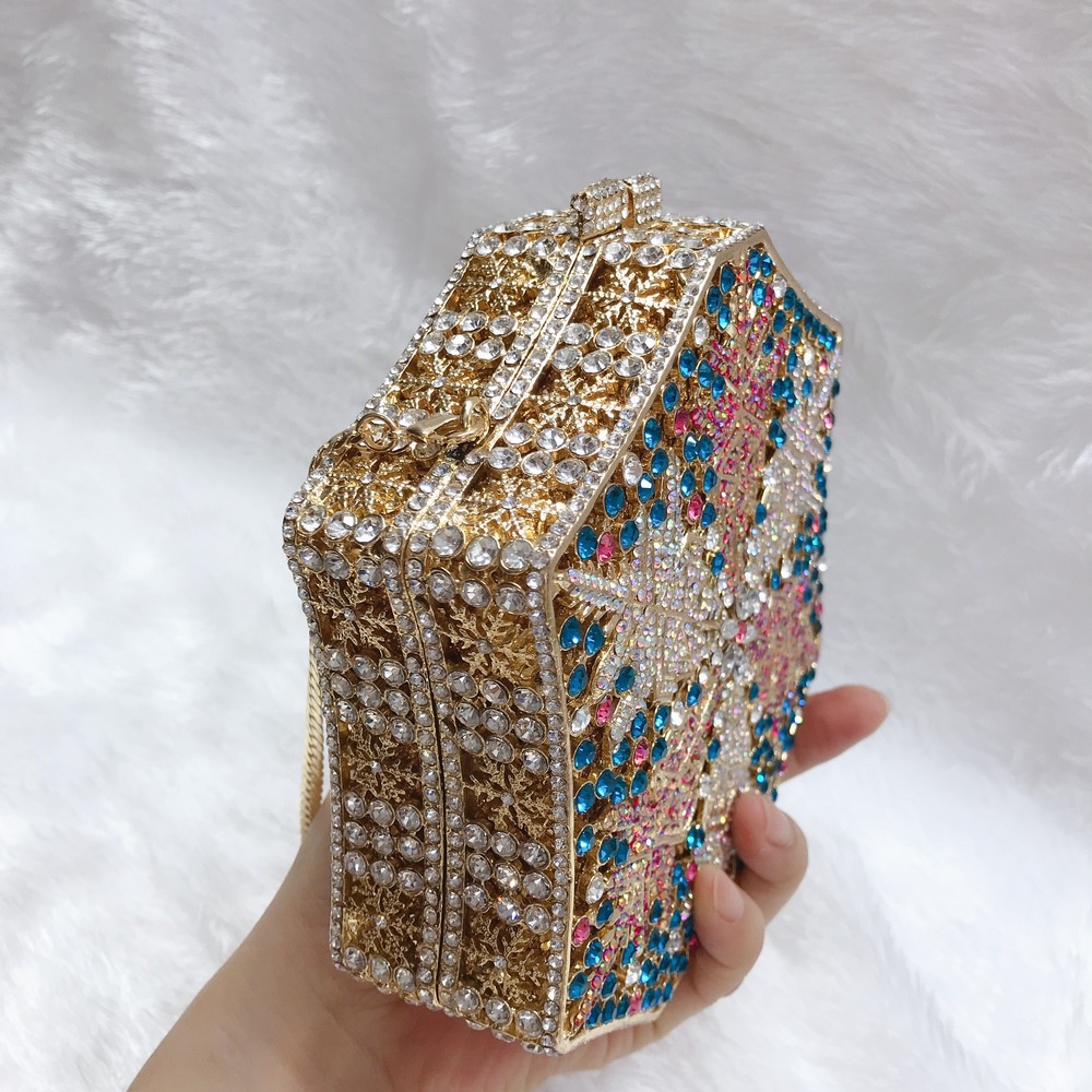 Túi clutch nữ đính pha lê kim cương bông tuyết, thiết kế hợp kim rỗng, làm bằng tay — Màu tím, Màu xanh lam, Ảnh tùy chỉnh được Cá nhân hóa, Màu đỏ hoa hồng chi tiết 25
