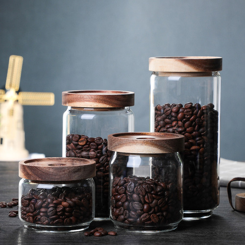 Manufacturer wholesale glass sealed jar coffee bean storage jar grain storage jar tea jar large acacia wood lid