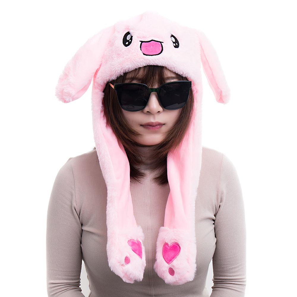 19新款耳朵有气囊短毛绒卡通帽子抖音同款按捏会动耳朵的帽子批发