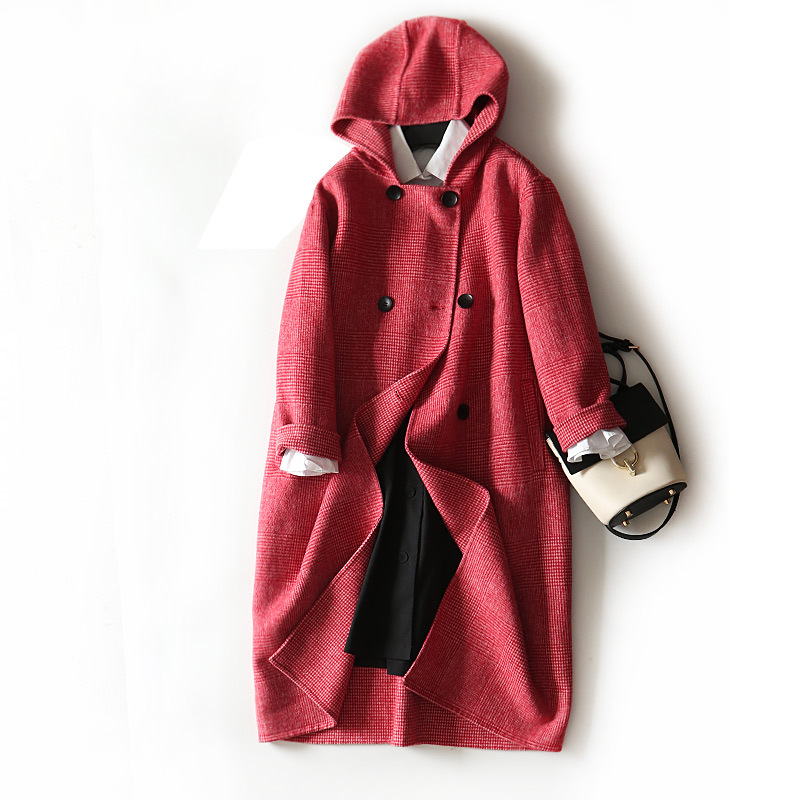 反季2019款连帽毛呢外套红格子长款双面羊毛大衣女外套H9-D190412|ru