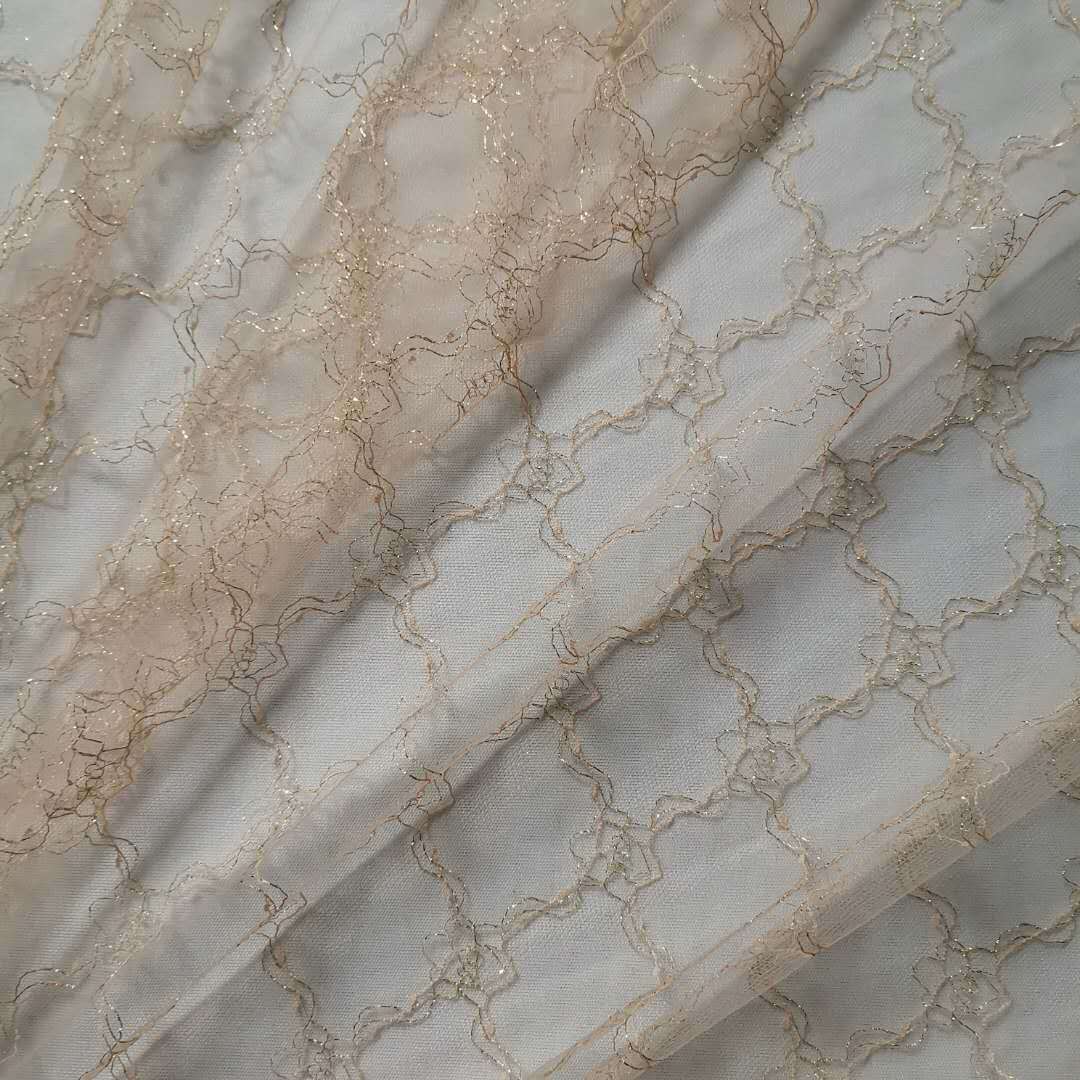 新款无弹轻盈透薄全锦纶金线大菱形提花网布 裙装面料 颜色多现货