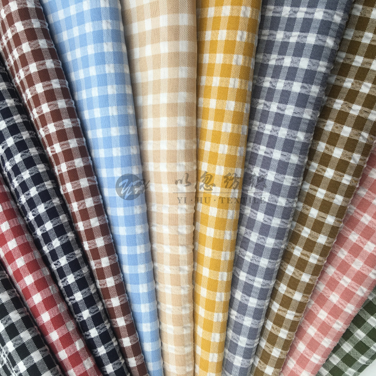 涤棉弹力泡泡色织格 时尚男女装衬衫面料 2019年春秋新款 现货