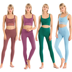 2022春夏網紅款瑜伽運動套裝防震健身文胸網紗提臀瑜伽長褲兩件套