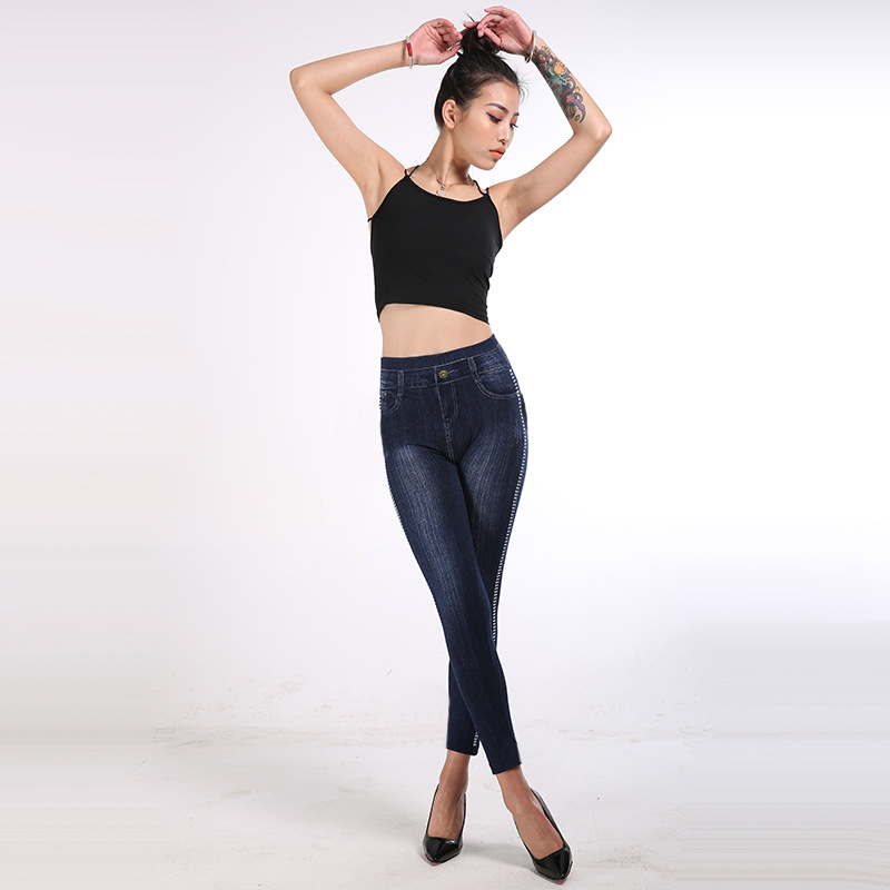 Dam leggings denim look hög midja bomull med prickar byxor_voghion.com