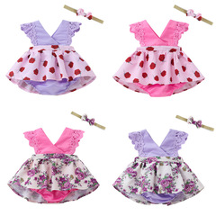 夏季外貿兒童裙子女童寶寶屁屁連衣裙送發箍嬰幼兒蕾絲花朵連衣裙