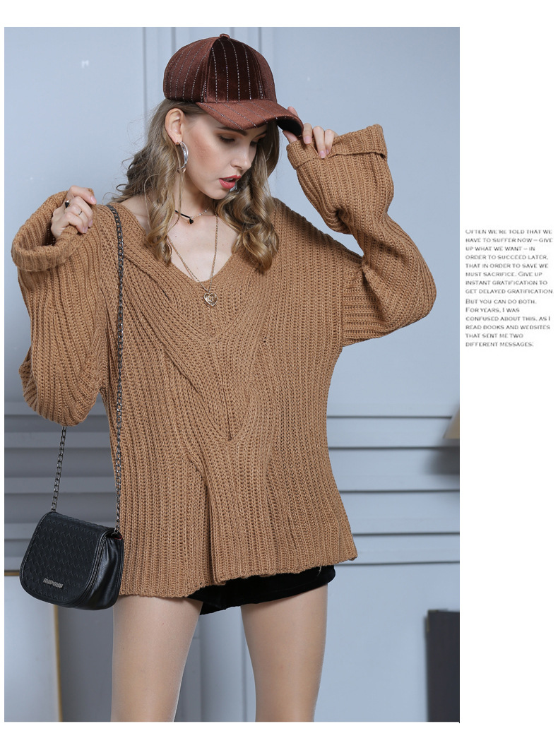 loose V-neck horn sleeve solid color pullover sweater NSYH7464