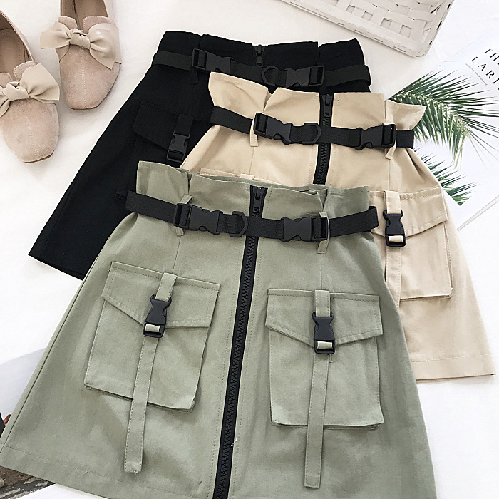 Casual de Verão Sólida com Faixas de Bolso com Zíper Solta de Cintura Safari Saia Estilo Feminina Alta 2021 Feminino Cor 7 verão, cor sólida, com faixas de bolso,
