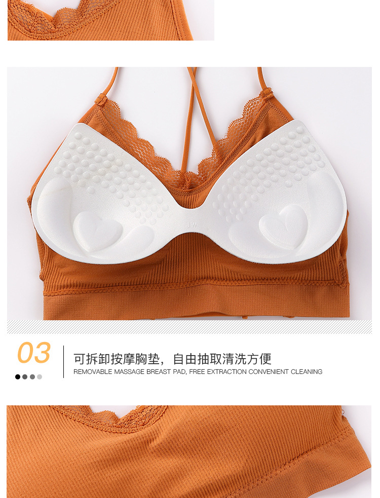 New seamless lace threaded beauty back, chest wrap, fine shoulder strap, comfortable and breathable, thick chest pad, gathering sports halter top detail image 8