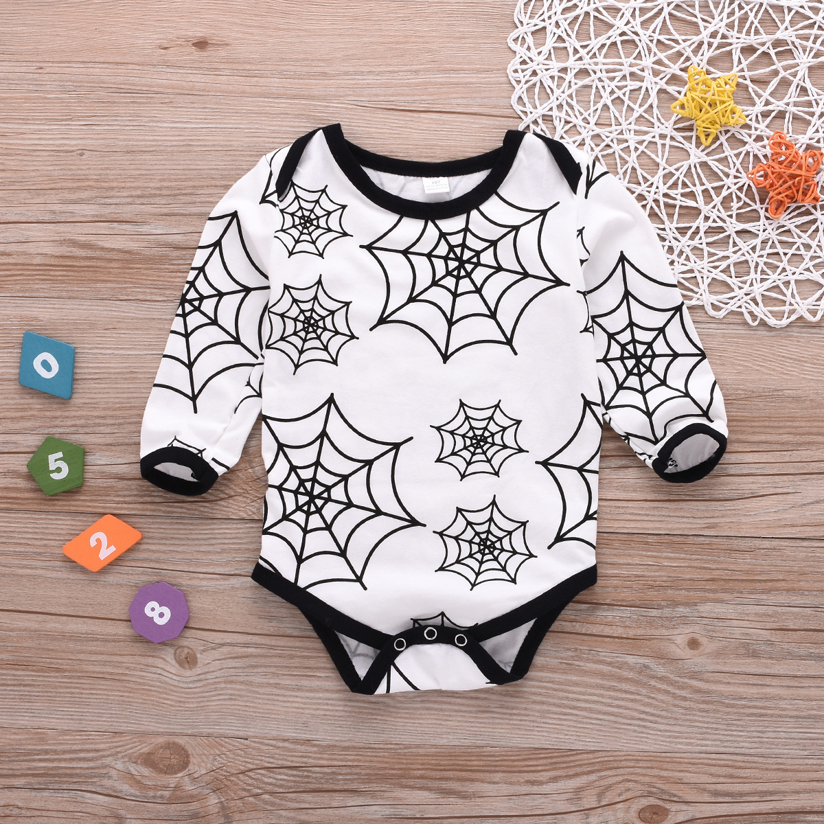 亚马逊爆款童装蜘蛛网印花长袖哈衣厂家直销一件代发婴幼儿连体衣