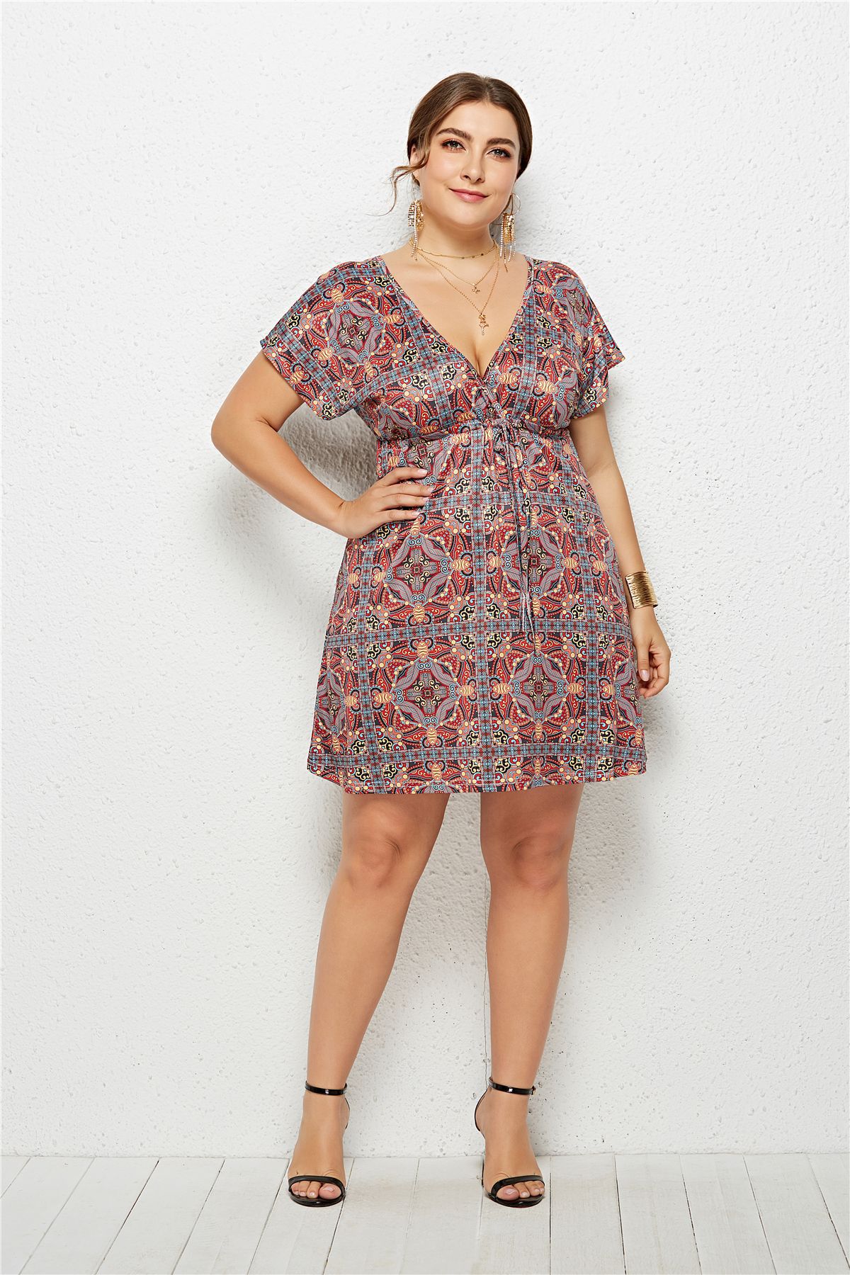 plus size sexy V-neck elastic waist printed dress  NSLM33280