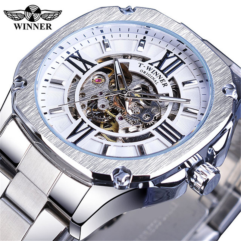 WINNER correa de acero casual para hombres reloj mecánico automático cuadrado hueco transparente inferior moda reloj mecánico Oro