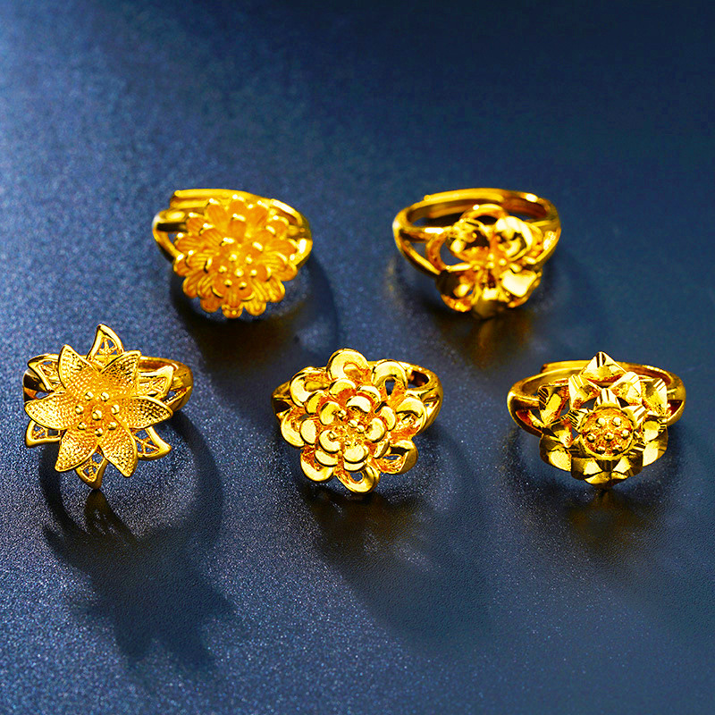 Venta al por mayor anillo de oro de Vietnam anillo de Flor de Oro de imitación femenina Latón chapado 24K oro abierto anillo femenino anillo de flor hueco