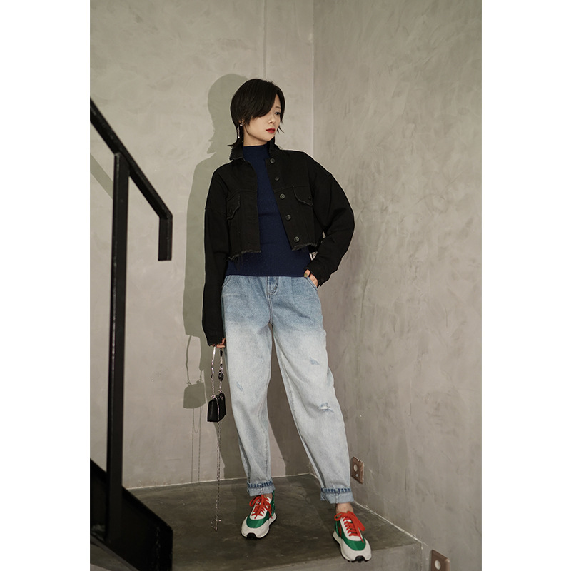 设计师女装 2019ins风休闲毛边落肩袖宽松chun棉夹克牛仔外套|ru