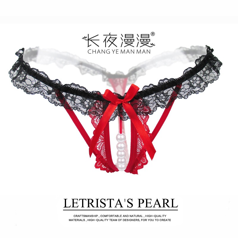 Long Night Hollow Out Sexy Women's Underwear Pearl Open Crotch Temptation Lace Thong Transparent Elastic T-Pants