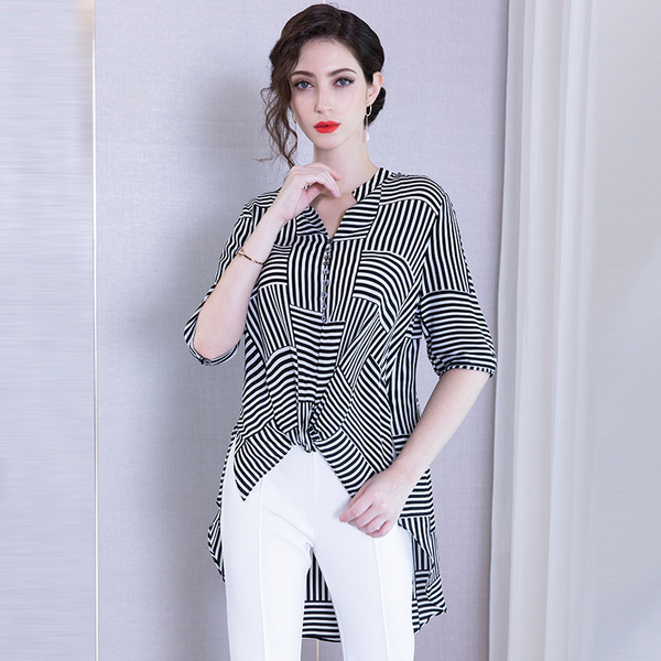 New silk shirt V-neck irregularly split hem striped silk blouse