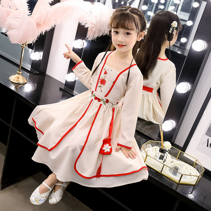 厂家直销秋新款民族风女童刺绣花朵汉服连衣裙儿童中大童唐装襦裙|ru