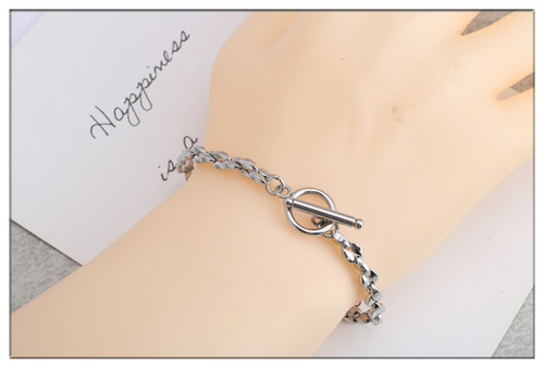 European and American fashionable personality hip-hop one-word buckle titanium steel coffee bean necklace stainless steel ingot chain OT buckle men's and women's bracelets