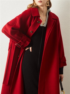2019年秋冬季高端中长款红色呢子结婚大衣女零羊绒宽松双面呢