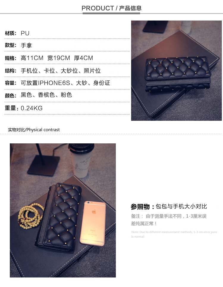 195g Weight Polyester Lining Material Magnetic Buckle Closure Type Pu Leather Material Solid Color Pattern Women'S Gender Fashion Style Square Shape Pink, Champagne, Black Color Korean  Diamond Tri-fold Large-capacity Wallet Wholesale 16