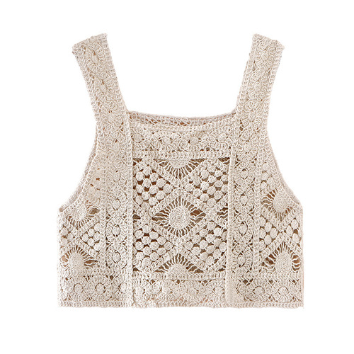 Crocheted vest, hollow knitted vest, women's early autumn new style, Hong Kong style small suspender, short top for students to wear outside.