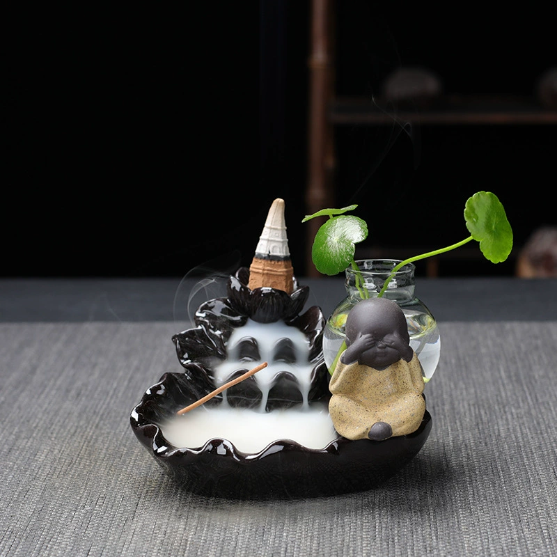  ceramic backflow incense burner (zisha) with xiao monk, flowing water design, home & office