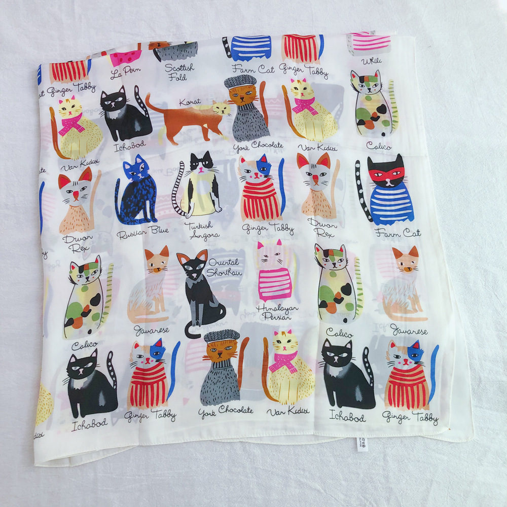 Silk Scarf Classification Outdoor Occasion Satin Material Cat Pattern Women'S Sweet Korean Style Cat Satin Printing Silk Scarf