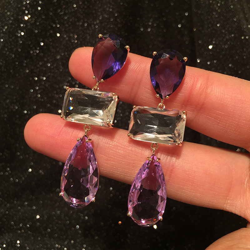 Fashion Earrings Long Water Drop Tassel S925 Silver Needle Purple Square Diamond Earrings display picture 5