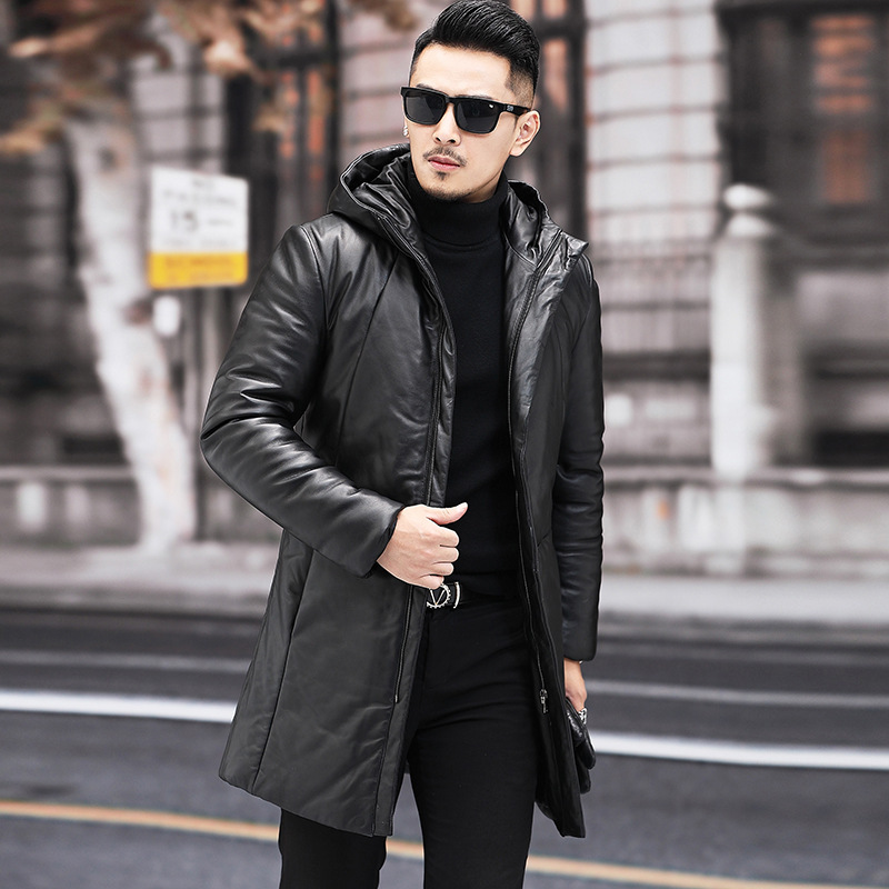 Haining Genuine Leather Men's Hooded Down Jacket Youth Mid-length Korean Style Slim-fit Fashionable Winter Thick Leather Jacket