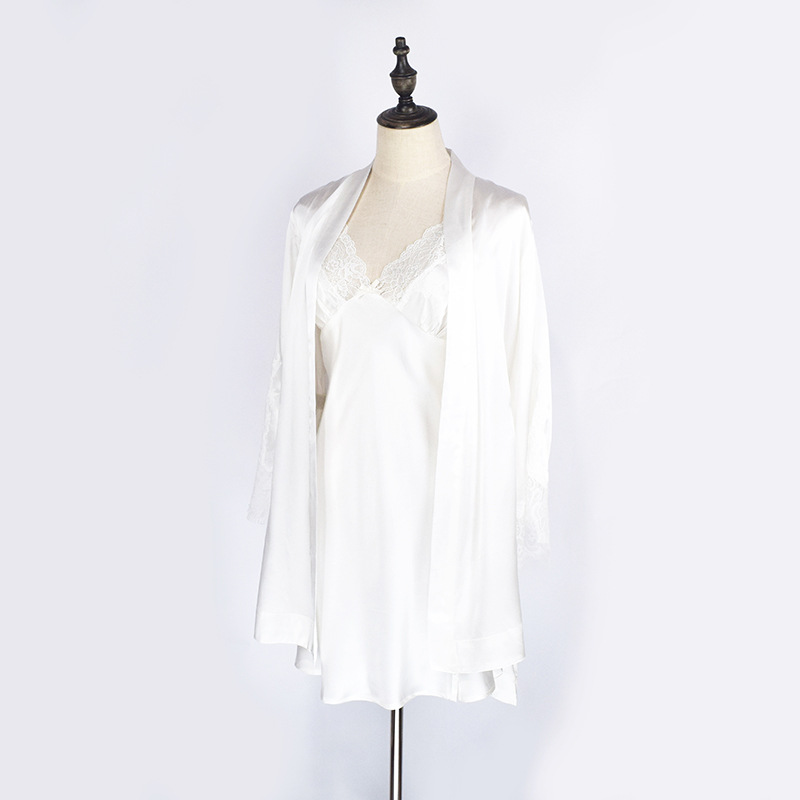 新款桑蚕丝真丝睡袍女蕾丝吊带睡裙两件套纯色性感睡衣家居服晨袍|ms