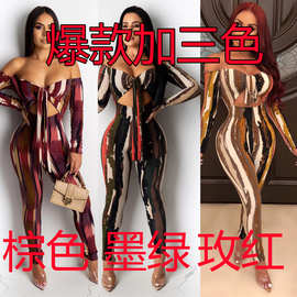 新款跨境CY1179ebay亚马逊wish时尚欧美女装条纹一字肩露脐连体裤
