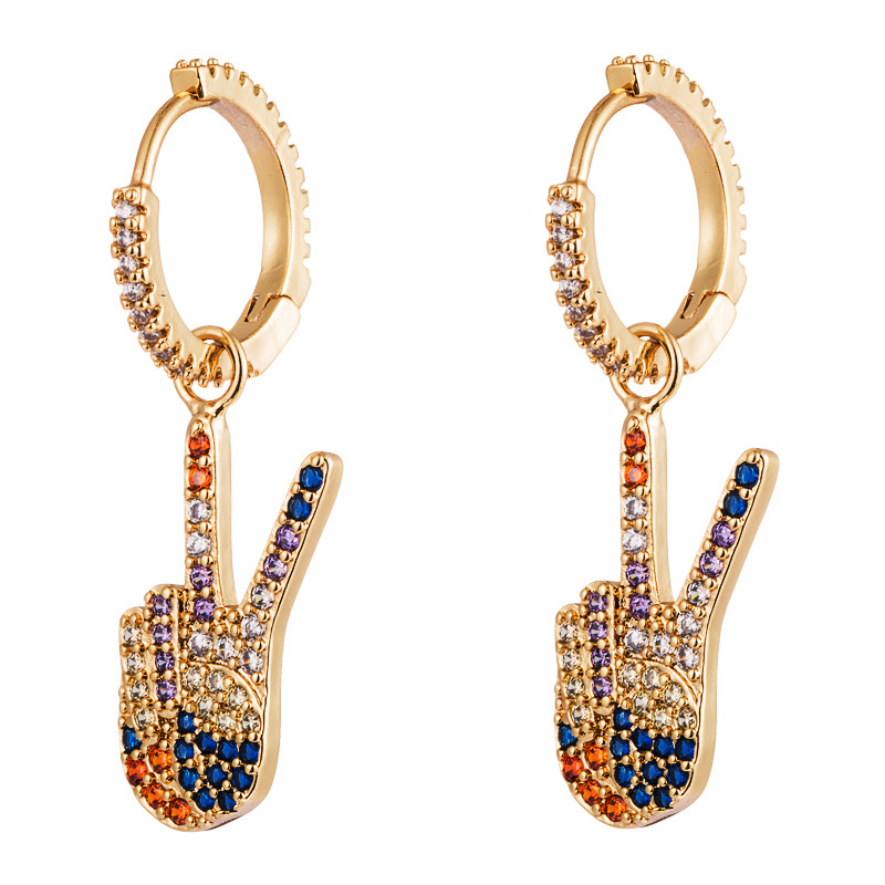Finger Victory Earrings Female Copper Micro-set Color Zircon Earrings Personalized Fashion Earrings display picture 6