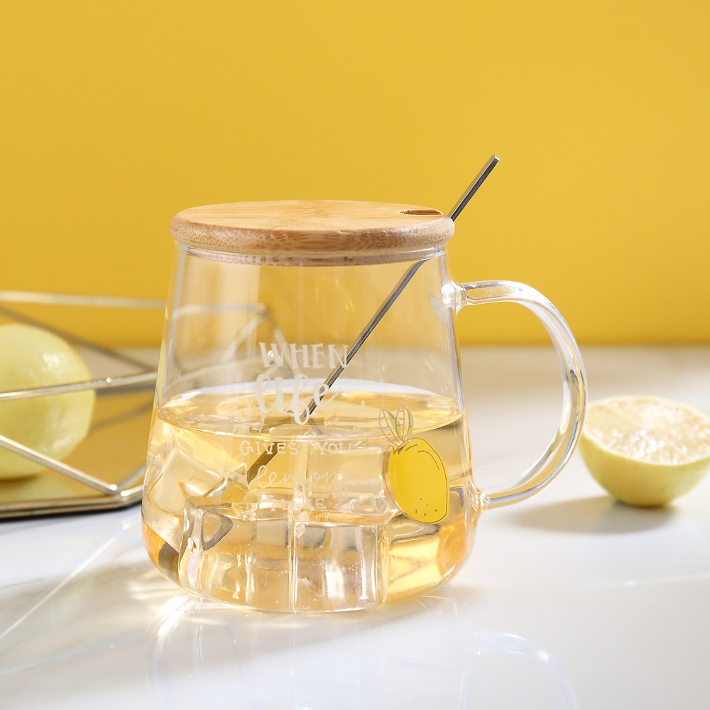 Simple creativo limón taza de cristal con tapa Cuchara regalo transparente beber fruta resistente a altas temperaturas