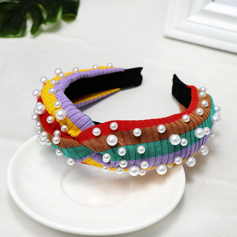 Simple Wild Rainbow Pearl Hairpin Stripe Knit Wool Wide Wash Headband display picture 5