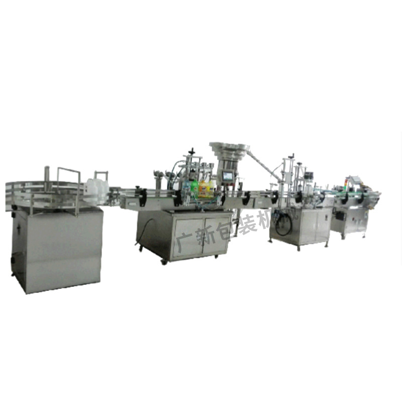 全自动理瓶+多头液体灌装机+自动落盖旋盖+自动贴标机