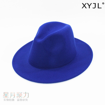 韓版黑色潮流寬檐帽子毛呢禮帽百搭光板平沿爵士帽歐美英倫風