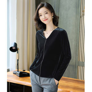 Golden velvet t-shirt female Han Fan spring and autumn V-Neck long sleeve small shirt slim short bottoming fashion