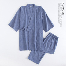 水洗棉条纹日系男士棉质和服睡衣套装春夏秋薄款日式长袖家居服女