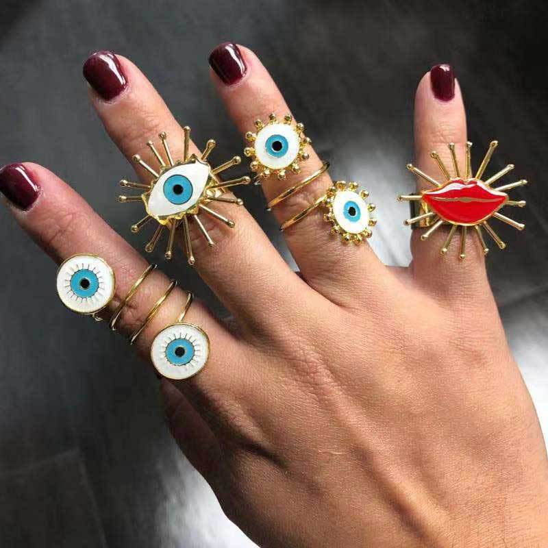 Europe And The United States Cross-border Jewelry Fashion Gold-plated Painting Oil Devil's Eye Ring Ladies Street Shoot Fashion Open Ring Female display picture 1