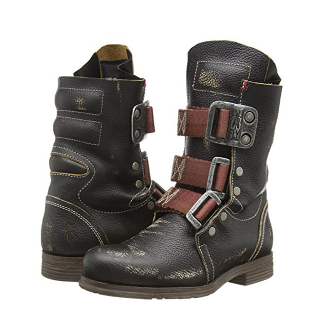 New foreign trade fashionable round toe spliced ​​belt buckle sleeves, comfortable thick heel casual rivet men's short boots