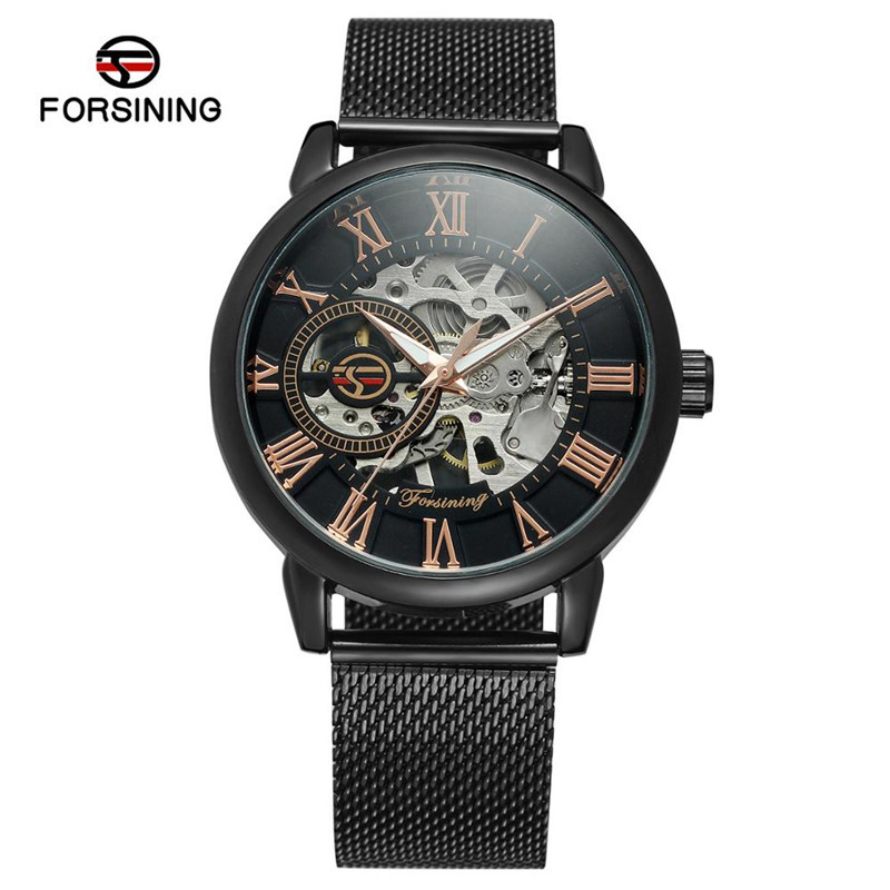 FORSINING/fusini hombres de acero inoxidable de negocios semiautomático reloj mecánico manual primavera A099